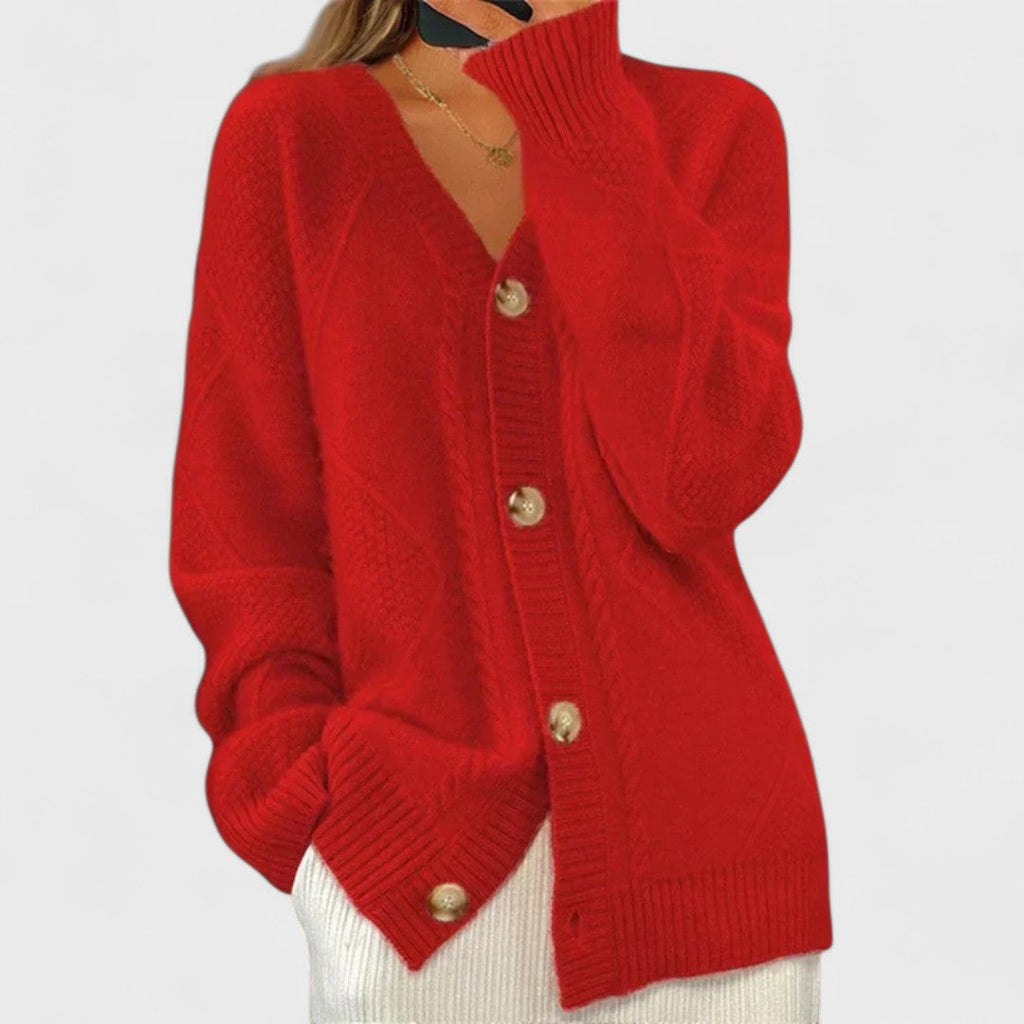 Women's textured knit cardigan with V-neckline, long sleeves and front buttons