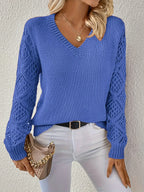 Women's V-neck sweater with open-knit textured sleeves