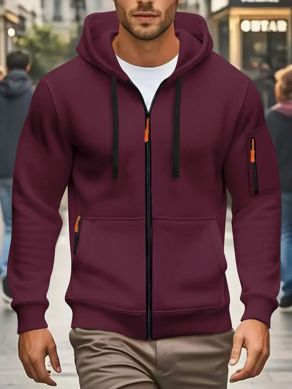Men's dark green hooded zip-up hoodie with long sleeves and multiple zipped pockets
