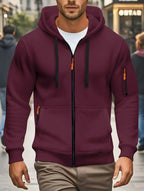 Men's dark green hooded zip-up hoodie with long sleeves and multiple zipped pockets
