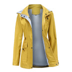 Women's hooded long-sleeved trench coat with zip front and pockets