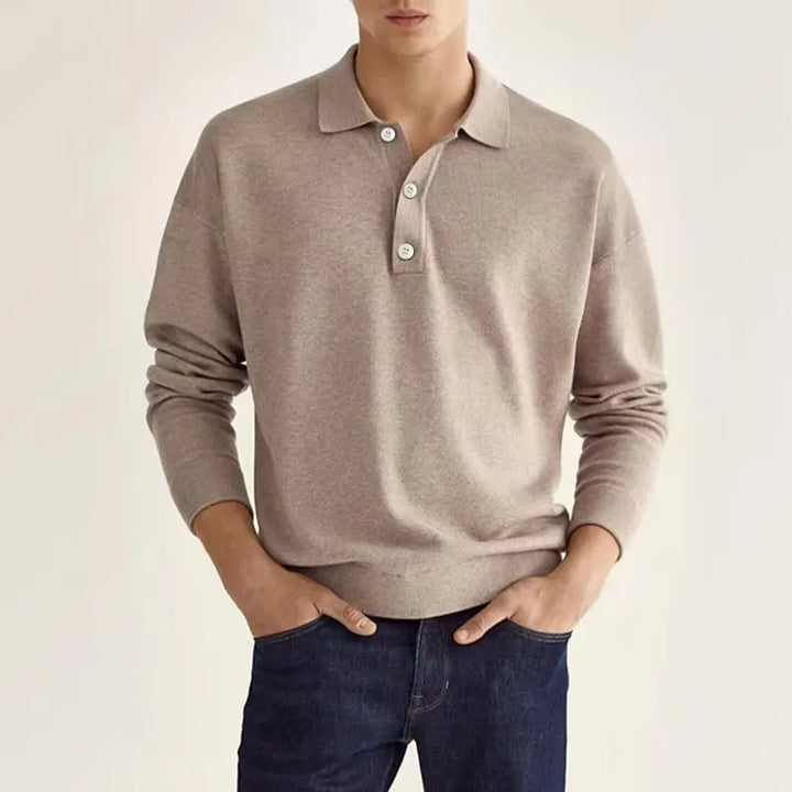 Men's long sleeve knitted polo shirt with collared neckline and button placket
