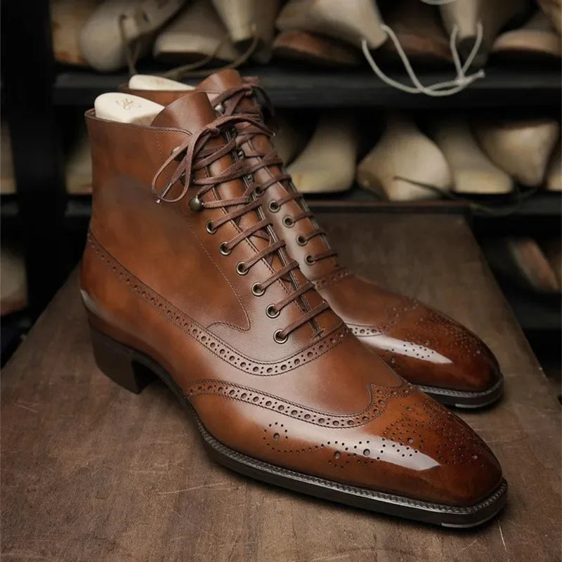 Men's lace-up brogue ankle boots with perforated detailing