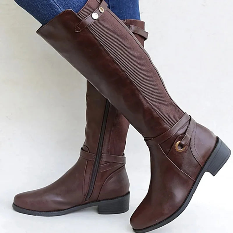 Women's knee-high boots with low block heels and side zips