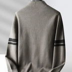 Men's striped knit cardigan with button front, long sleeves and patch pockets