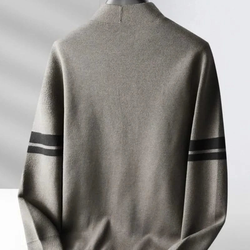 Men's striped knit cardigan with button front, long sleeves and patch pockets