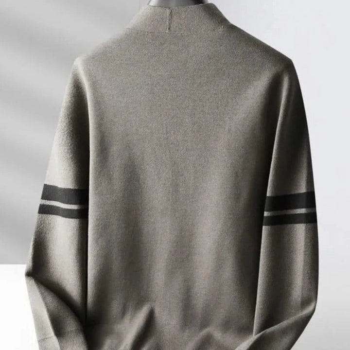 Men's striped knit cardigan with button front, long sleeves and patch pockets