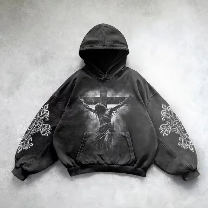 Black washed hoodie with graphic front and sleeve prints