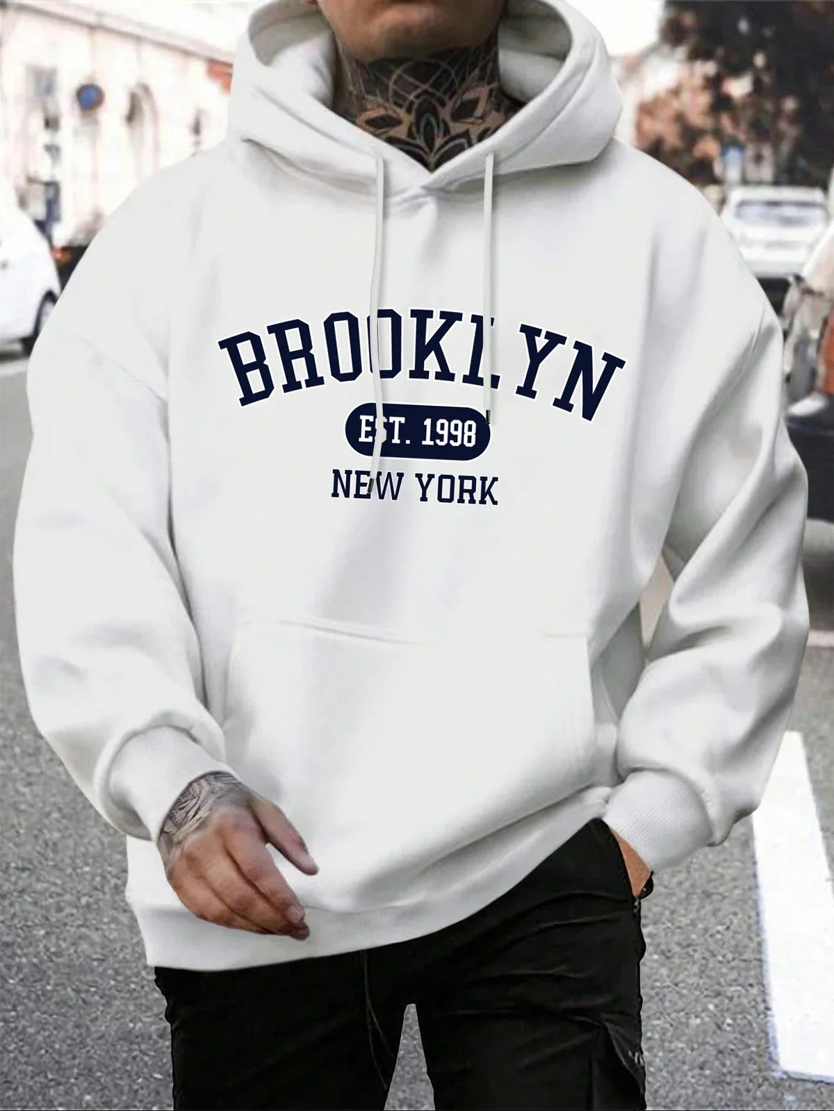 Men's long-sleeve graphic hoodie with drawstring hood and kangaroo pocket