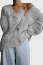 Women's relaxed fuzzy knit V-neck cardigan with buttons