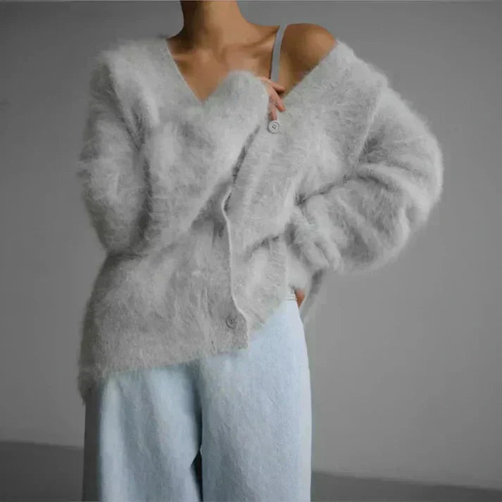 Women's fluffy V-neck button-front cardigan with long sleeves and patch pockets