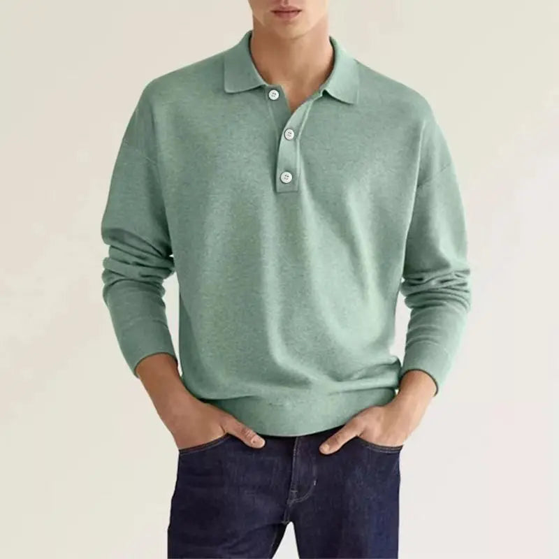 Men's long sleeve knitted polo shirt with collared neckline and button placket