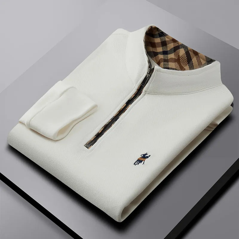 Men's quarter zip knit pullover with mock neck and checkered collar lining