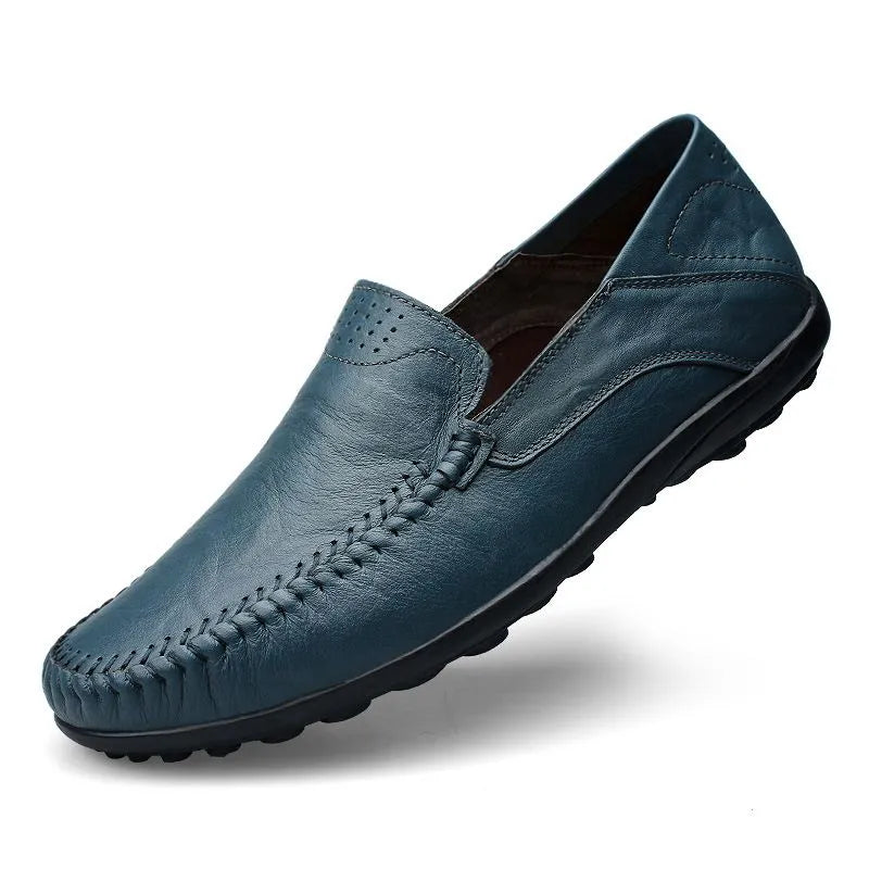 Men's slip-on leather loafers with rounded moc toe and stitched detailing