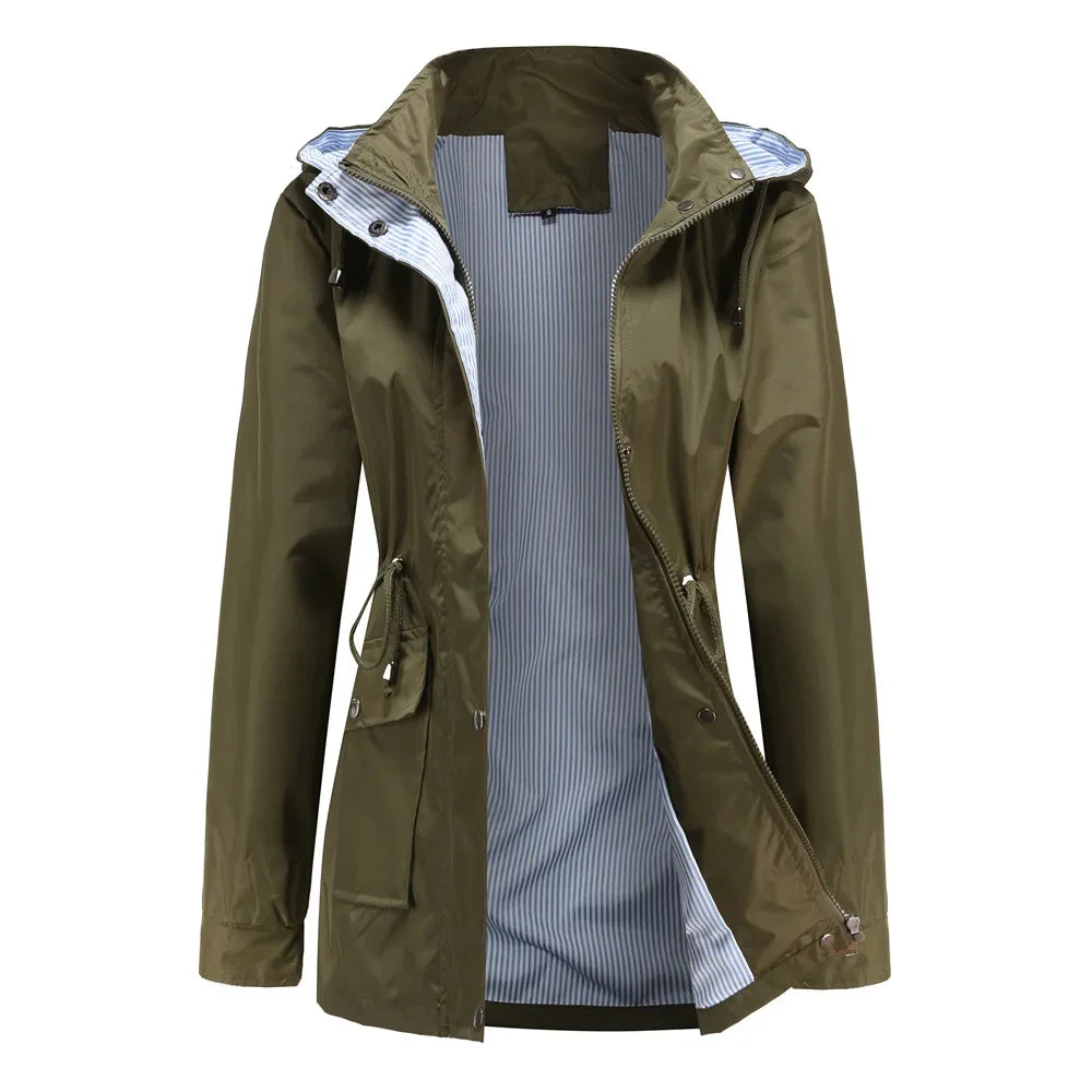 Women's hooded long-sleeved trench coat with zip front and pockets