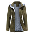 Women's hooded long-sleeved trench coat with zip front and pockets