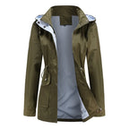 Women's hooded long-sleeved trench coat with zip front and pockets