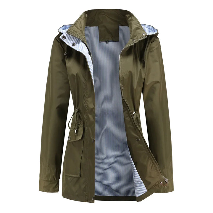 Women's hooded long-sleeved trench coat with zip front and pockets