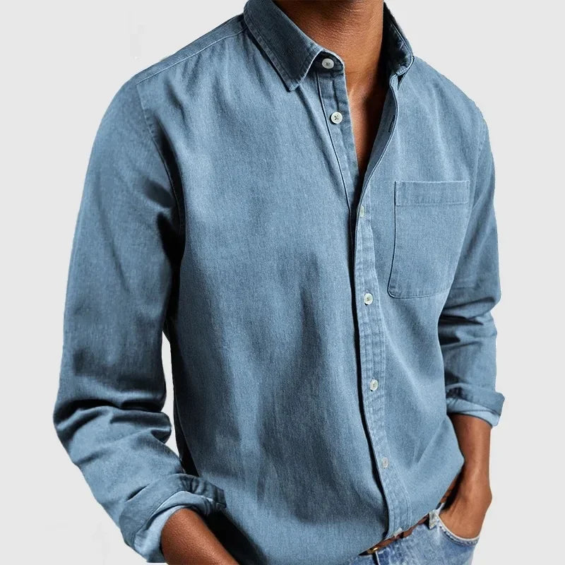 Men's long-sleeve button-up shirt with point collar and chest pocket