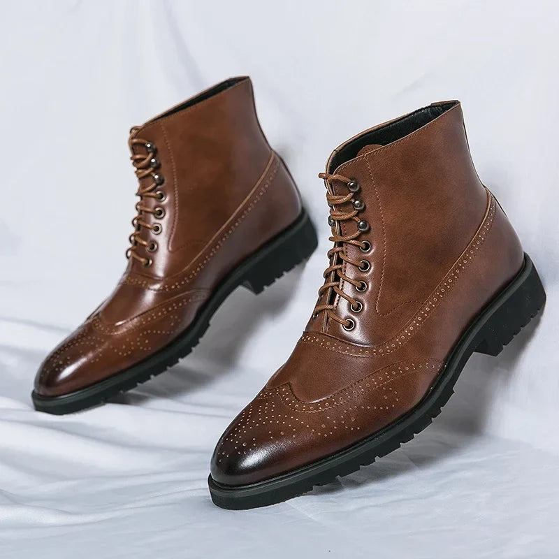 Men's lace-up brogue ankle boots with perforated detailing