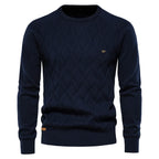 Men's argyle knit crew neck sweater with long sleeves and ribbed trims