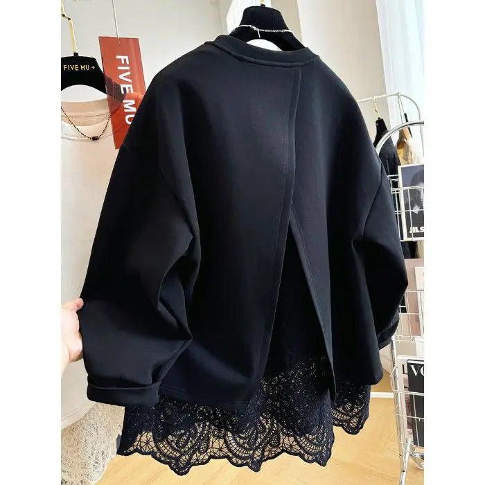 Women's crew-neck sweatshirt with open back and scalloped lace hem