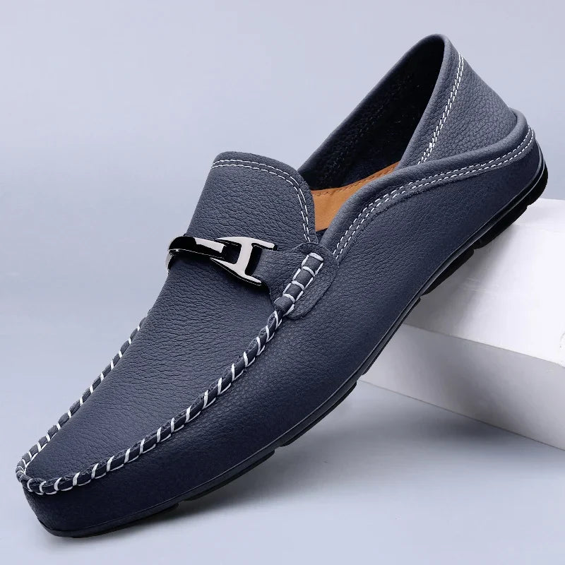 Men's slip-on loafers with moc toe stitching and metal bit detail