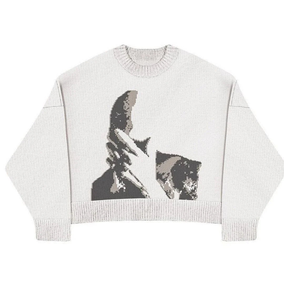 Women's white cropped sweater with monochrome graphic