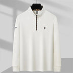 Men's quarter zip knit pullover with mock neck and checkered collar lining