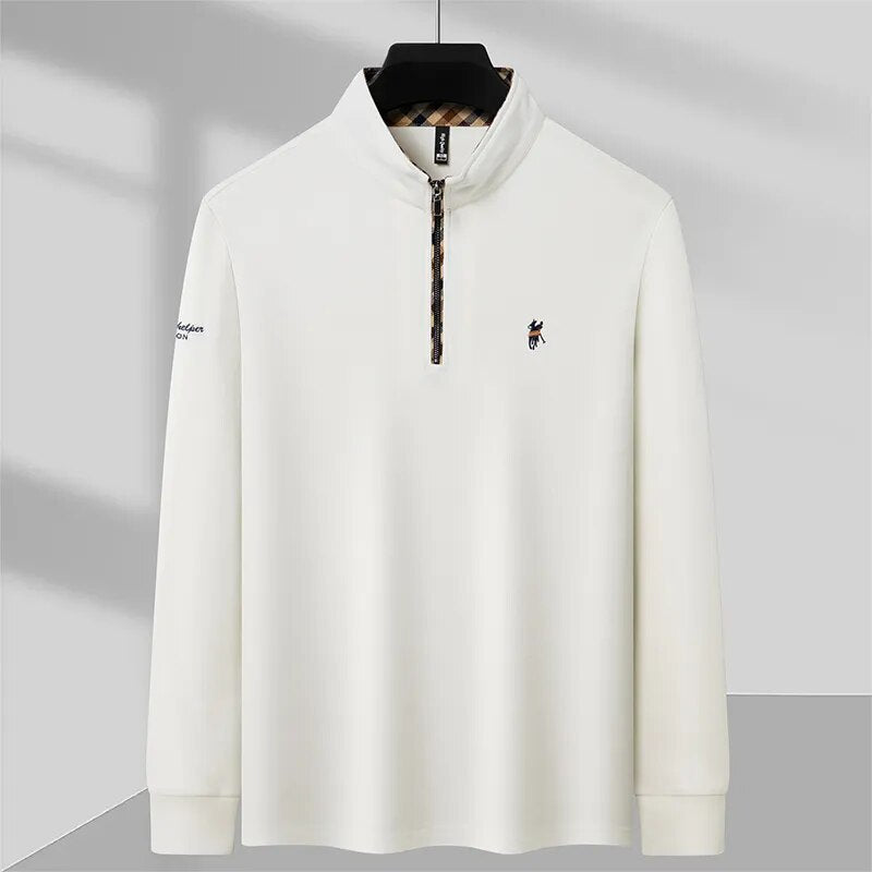 Men's quarter zip knit pullover with mock neck and checkered collar lining