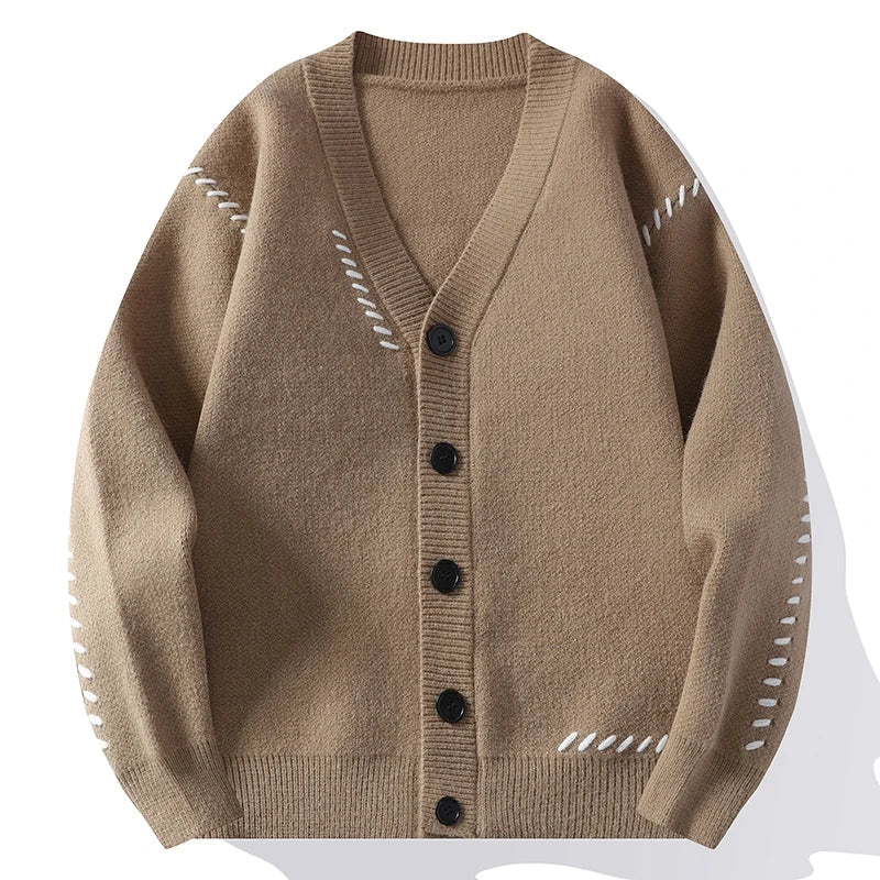 Textured button-front cardigan with V-neckline and contrasting stitched details