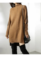 Women's ribbed turtleneck sweater dress with long sleeves and mini length