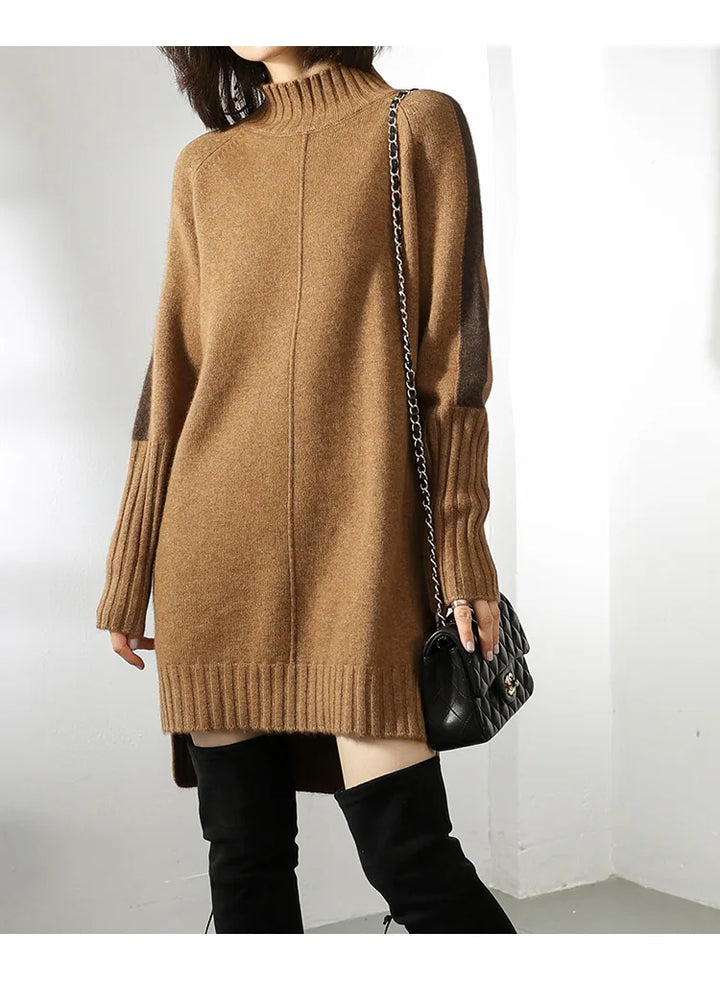 Women's ribbed turtleneck sweater dress with long sleeves and mini length