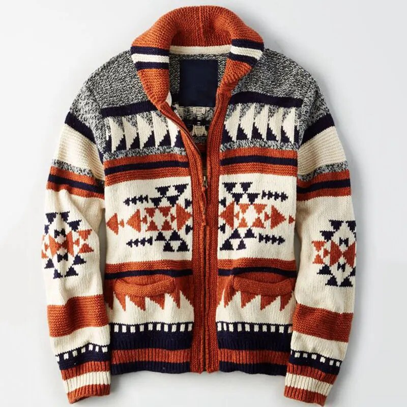 Men's geometric patterned cardigan jacket with mock collar and zip front