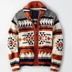 Men's geometric patterned cardigan jacket with mock collar and zip front