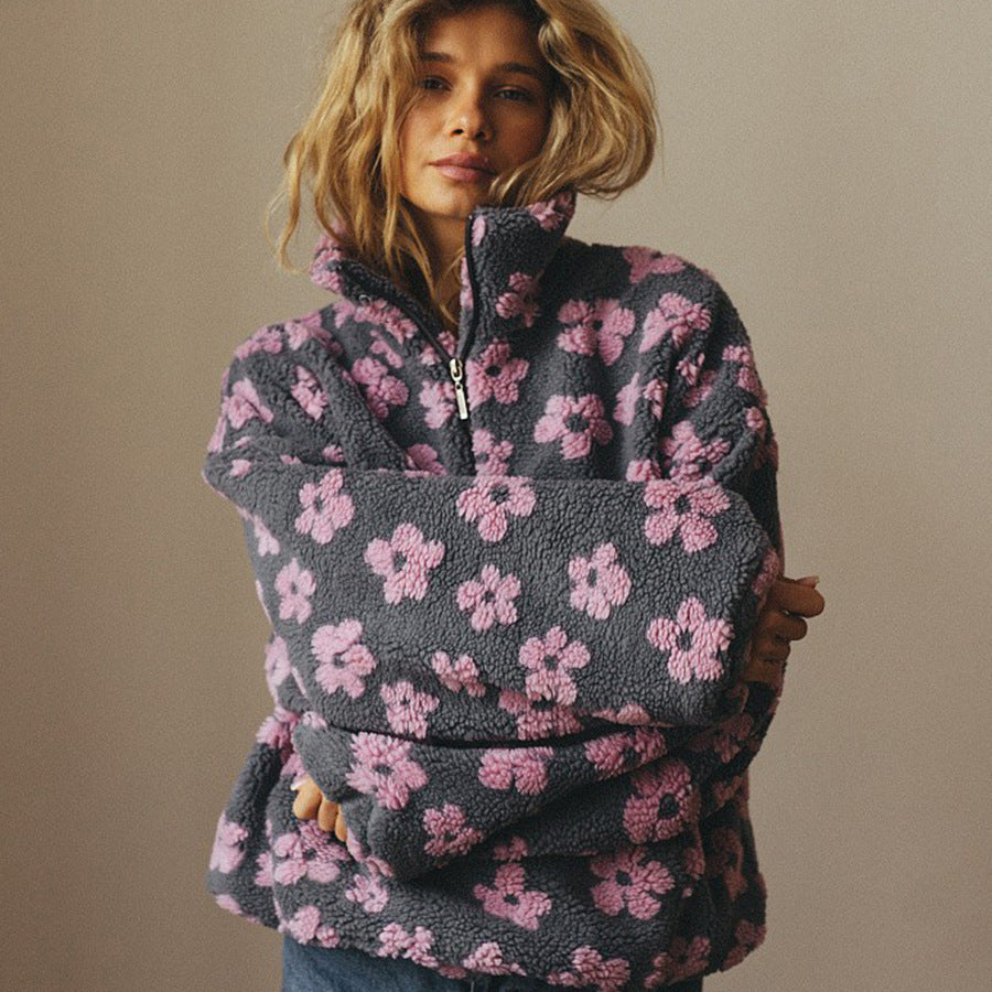 Women's floral fleece hoodie with hood, long sleeves, front zip and pouch pocket