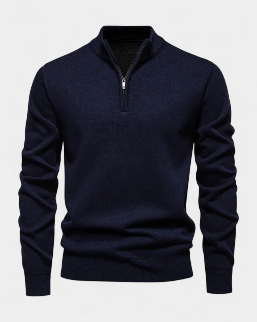 Men's long-sleeve quarter-zip jumper with ribbed mock neck and cuffs