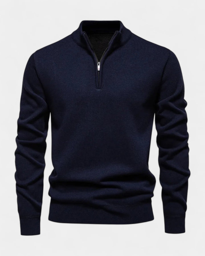 Men's long-sleeve quarter-zip jumper with ribbed mock neck and cuffs