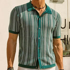 Men's short-sleeve knitted polo shirt with vertical stripes and button front