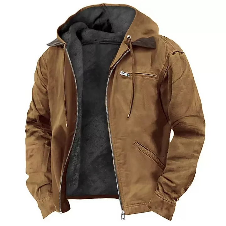Men's hooded workwear jacket with zip front and utility pockets