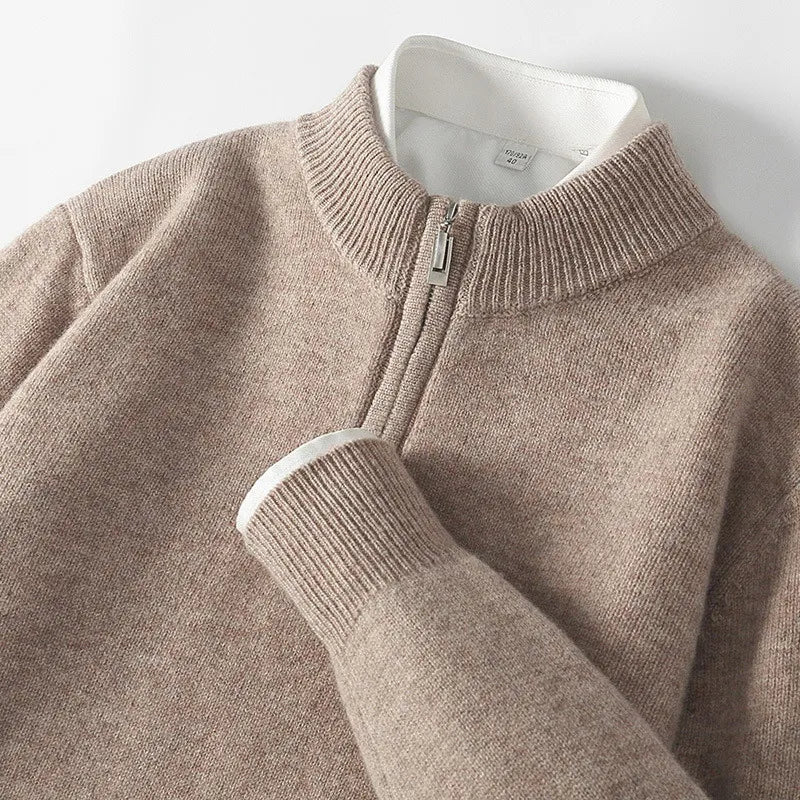 Men's half-zip mock neck jumper with long sleeves and ribbed trims