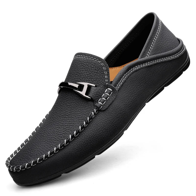 Men's slip-on loafers with moc toe stitching and metal bit detail