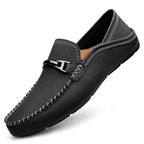 Men's slip-on loafers with moc toe stitching and metal bit detail