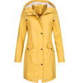 Women's hooded mid-length raincoat with long sleeves and front pockets