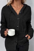 Women's hooded knitted cardigan with button front and ribbed trims