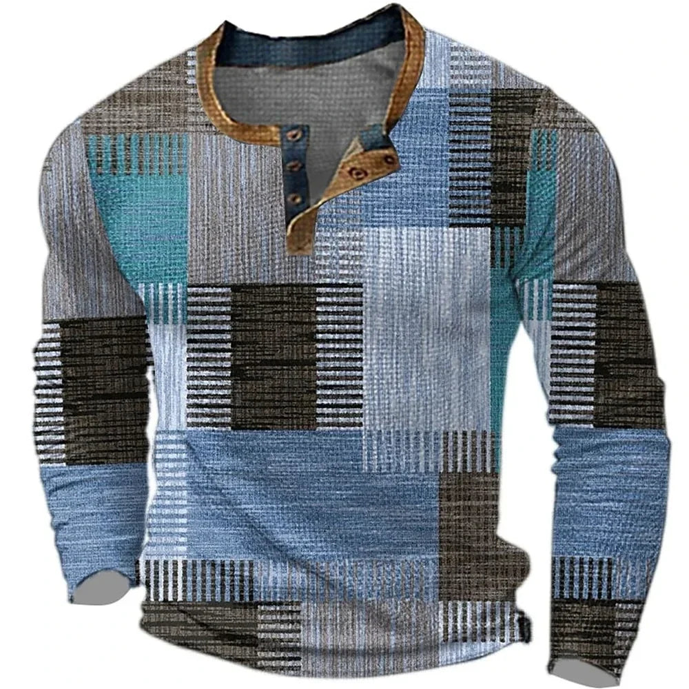 Men's multicolour patchwork shirt with stand collar and long sleeves