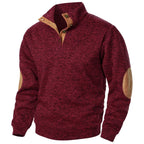 Men's textured mock neck sweater with contrast elbow patches