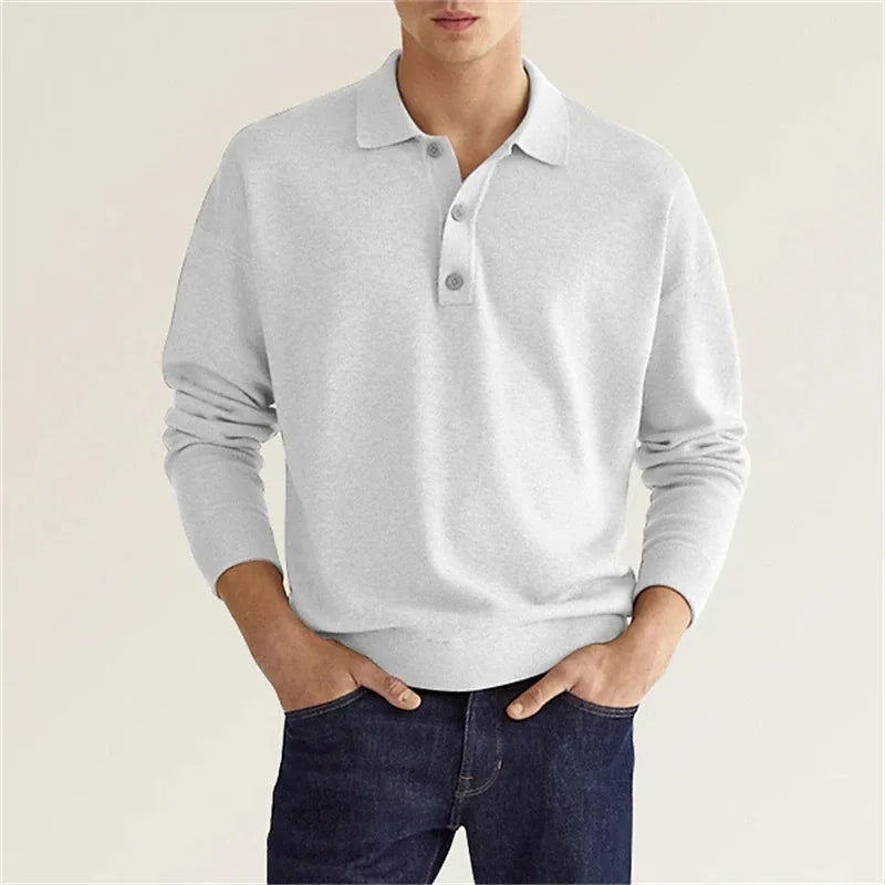 Men's long sleeve knitted polo shirt with collared neckline and button placket