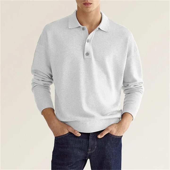 Men's long sleeve knitted polo shirt with collared neckline and button placket