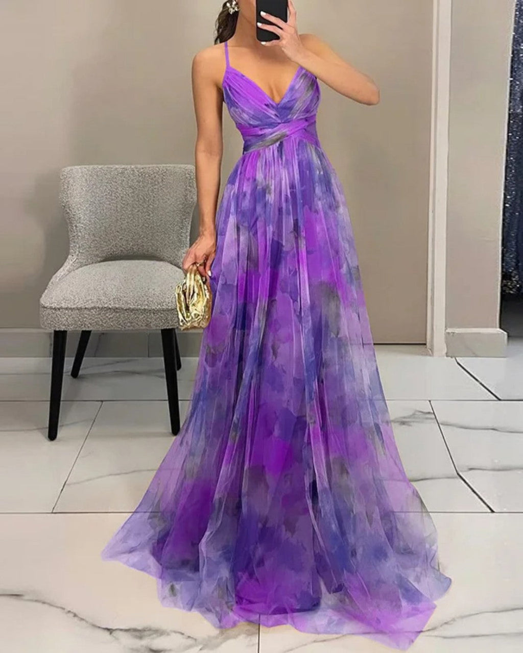 Women's abstract maxi dress with V-neckline and spaghetti straps
